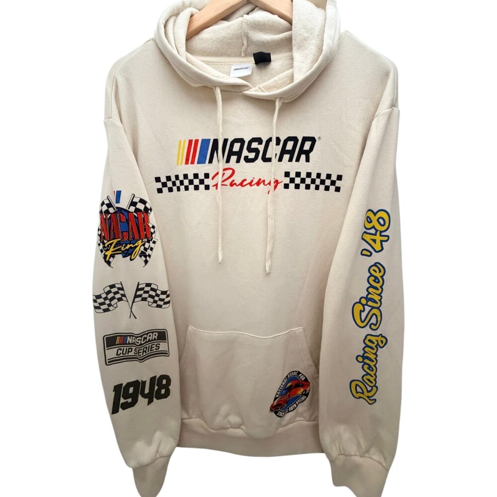 EUC NASCAR Beige Drawstring hood Graphic Hoodie Cotton Hooded Men's L/G